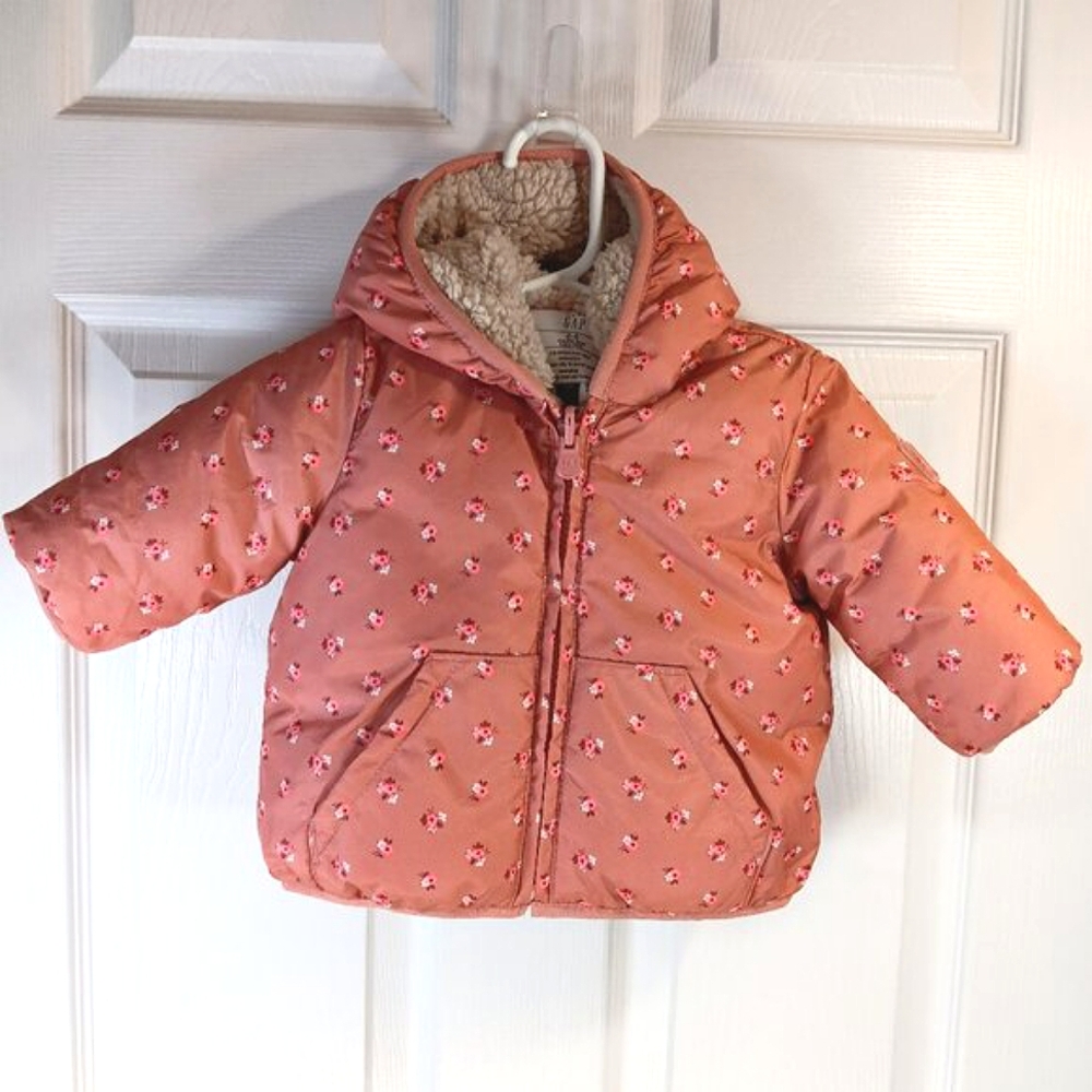 NWOT Gap Baby Girl Floral Puffer Jacket Sherpa Lined Winter Coat Pink 0-6 M